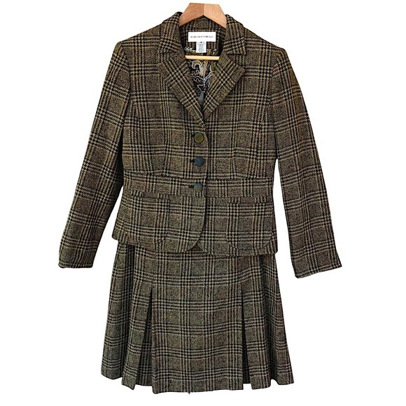 Jones New York 2PC Tan Green Tweed Plaid 3 Buttons Jacket Pleated Detail Skirt 6 - Picture 1 of 16